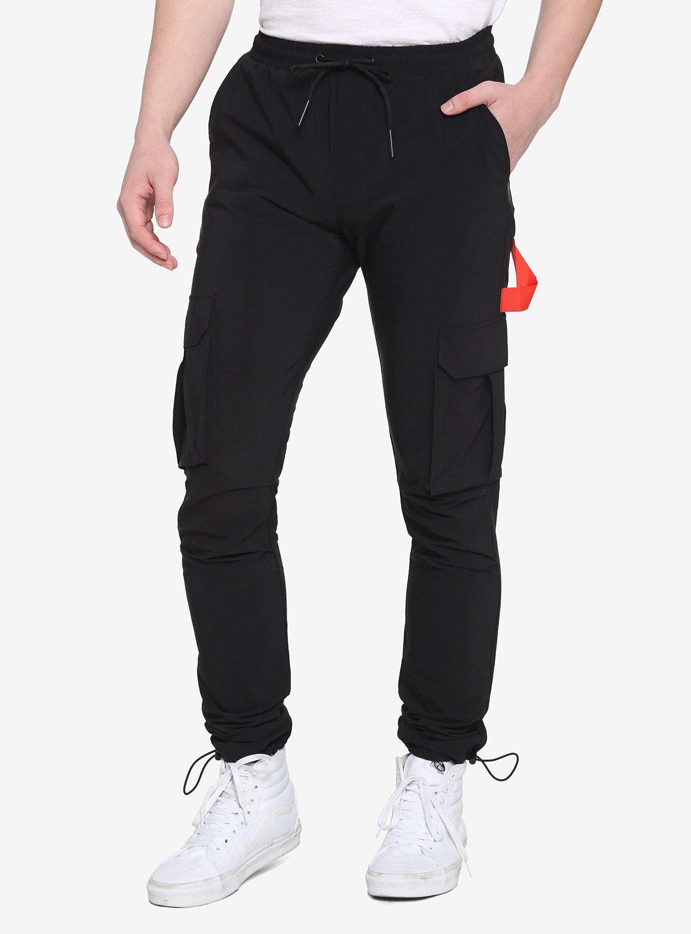 Black & Red Drawstring Nylon Cargo Pants, BLACK, hi-res