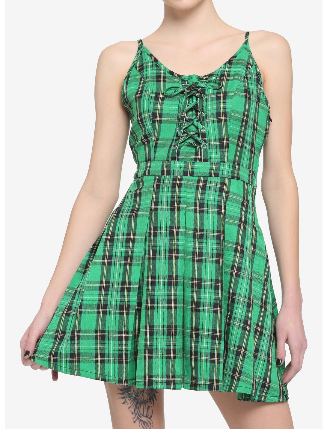 Green Plaid Pleated Lace-Up Dress, PLAID, hi-res
