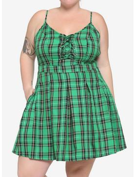 Green Plaid Pleated Lace-Up Dress Plus Size, , hi-res