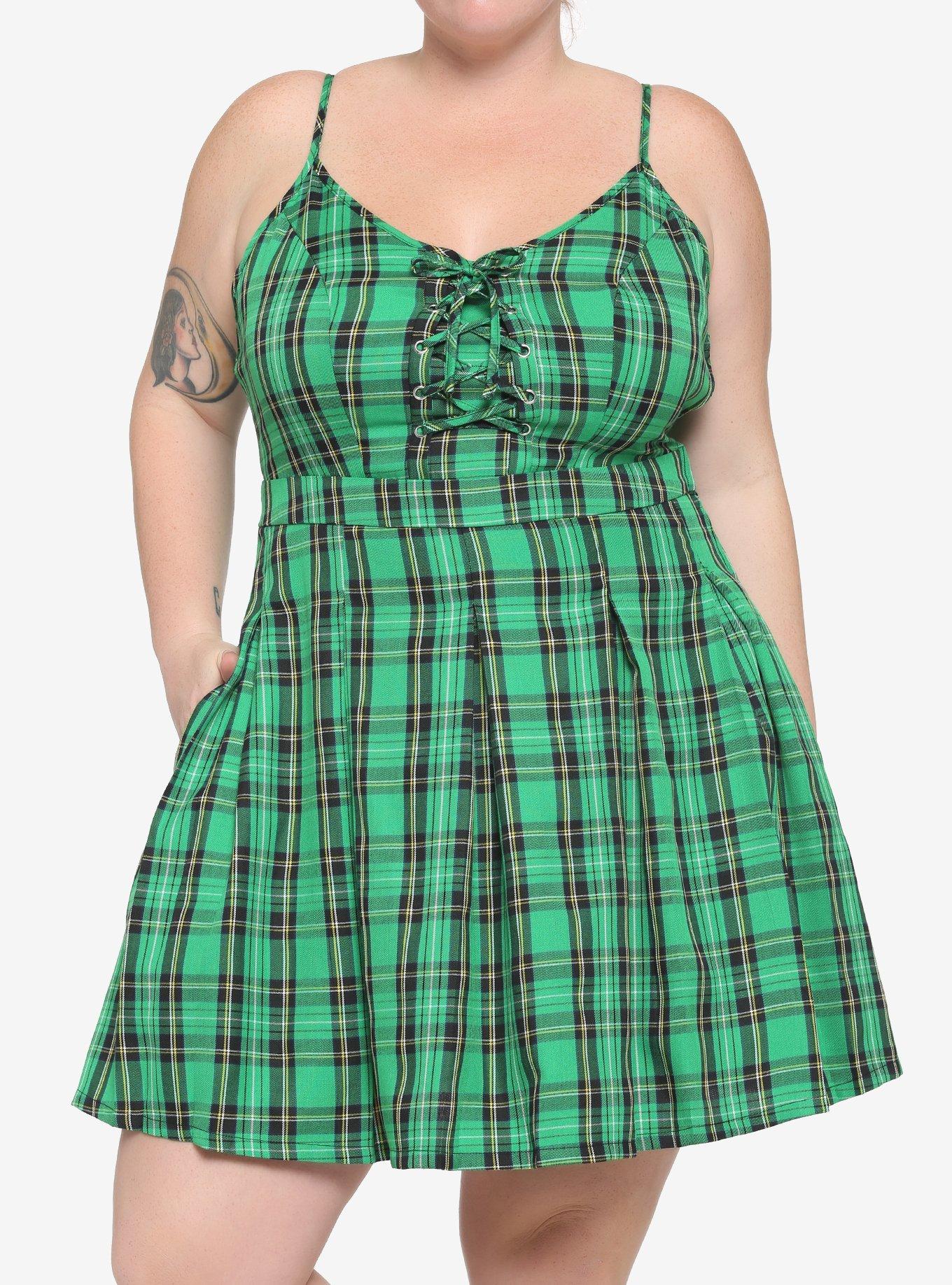 Green Plaid Pleated Lace-Up Dress Plus Size, , hi-res