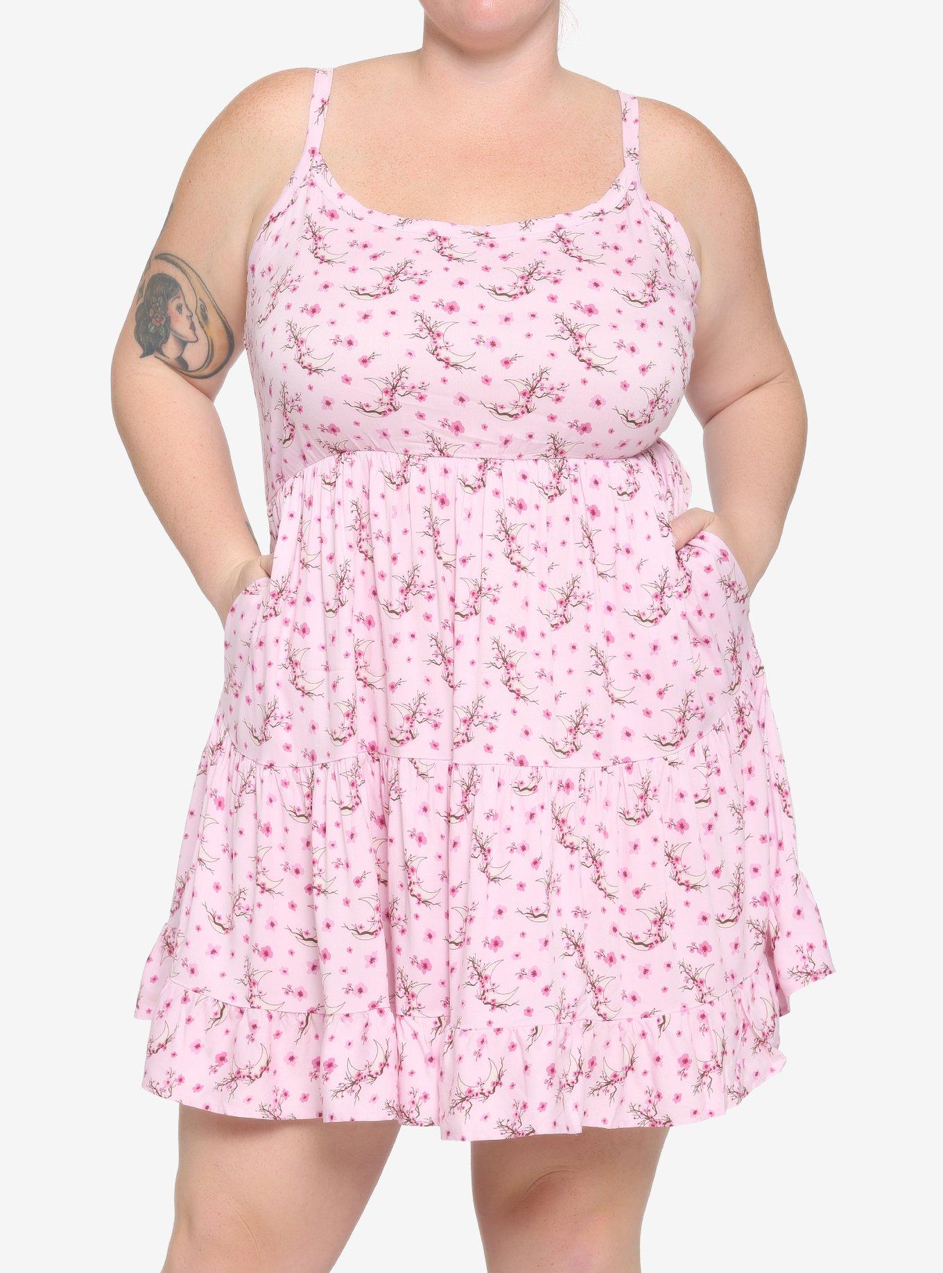 Sakura Blossom Moon Tiered Dress Plus Size, PINK, hi-res