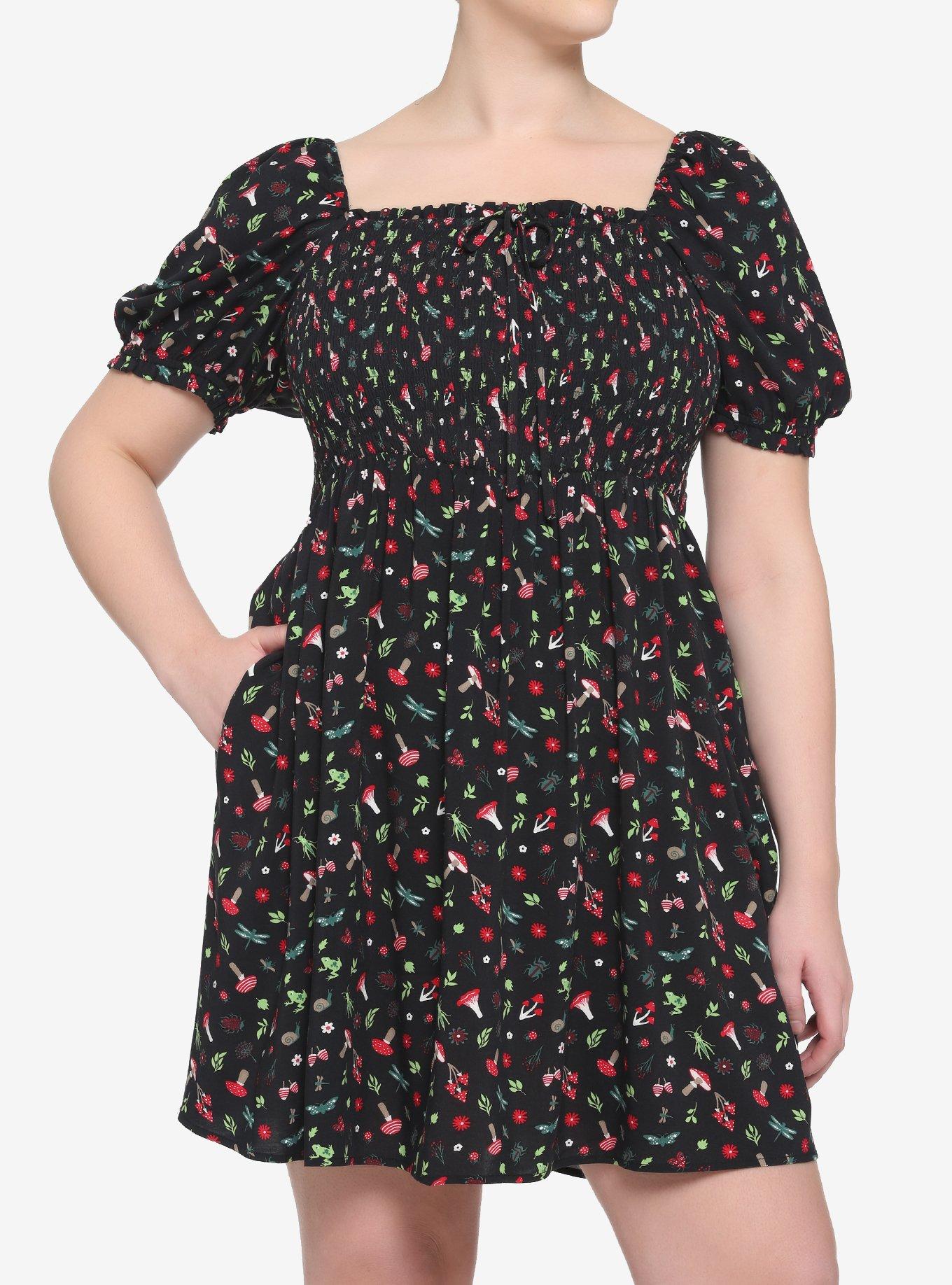 Black Mushroom Smocked Dress Plus Size, BLACK, hi-res