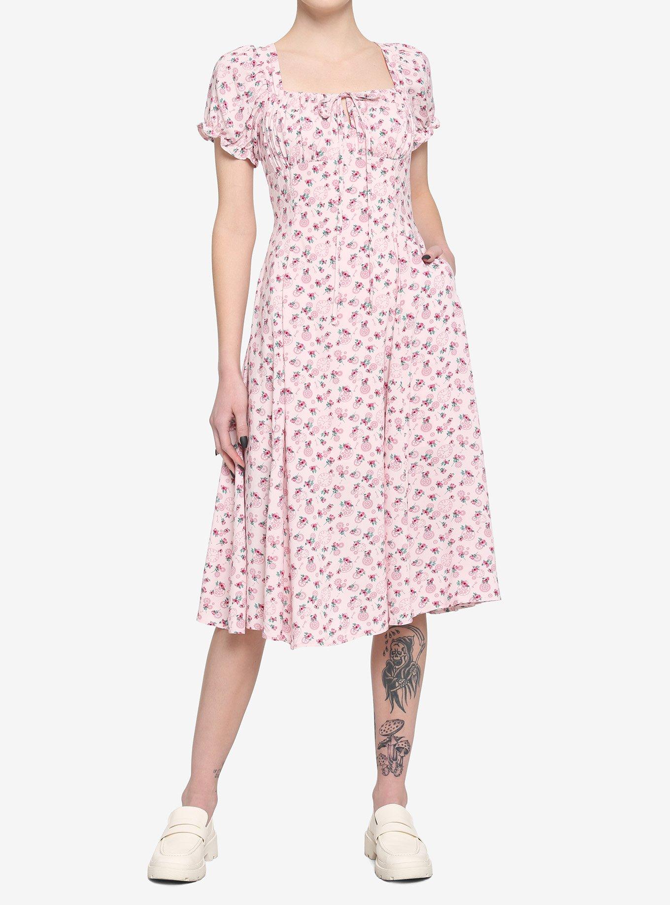Pink Floral Gears Empire Midi Dress, MULTI, hi-res