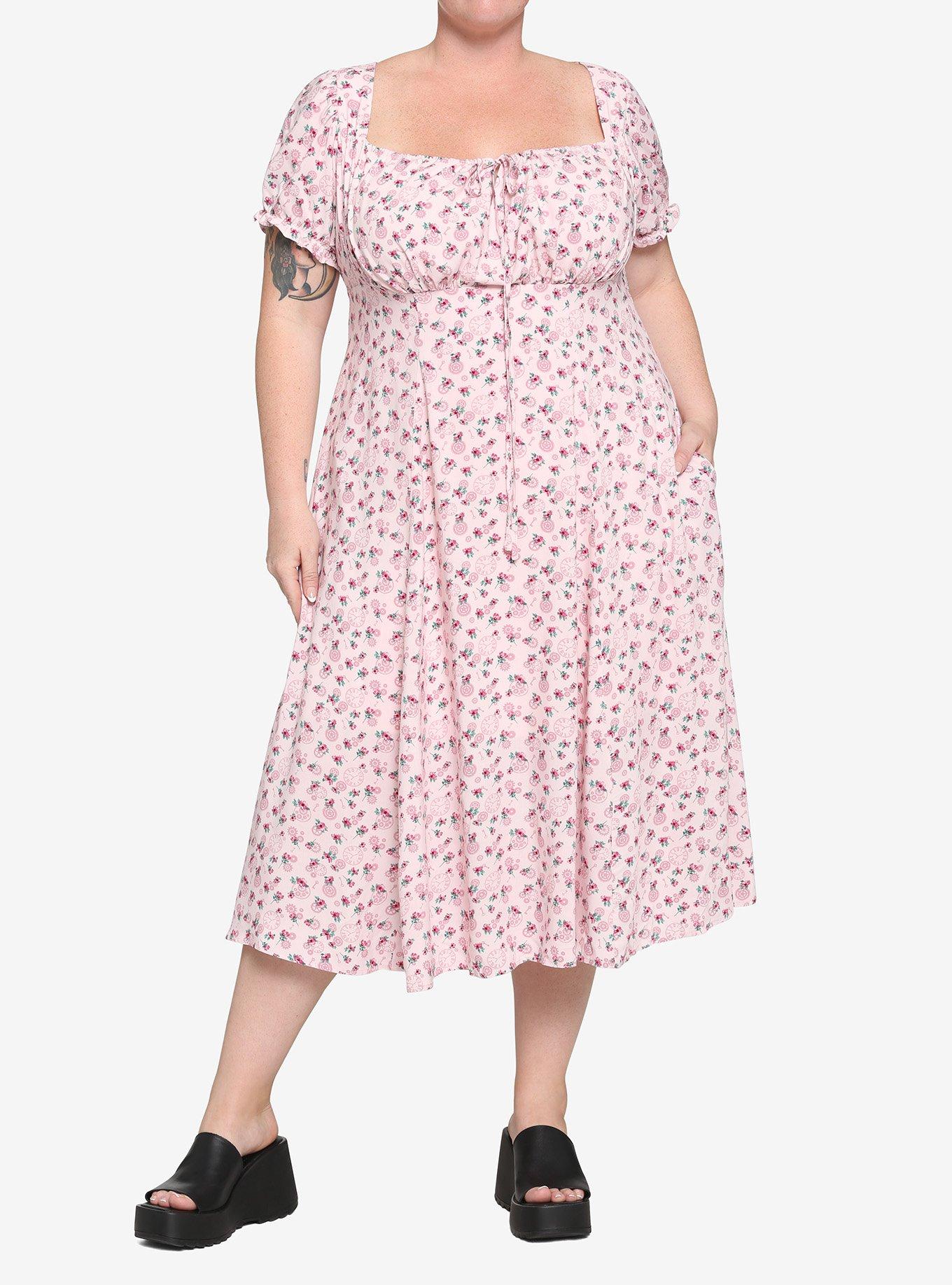 Pink Floral Gears Empire Midi Dress Plus Size Hot Topic