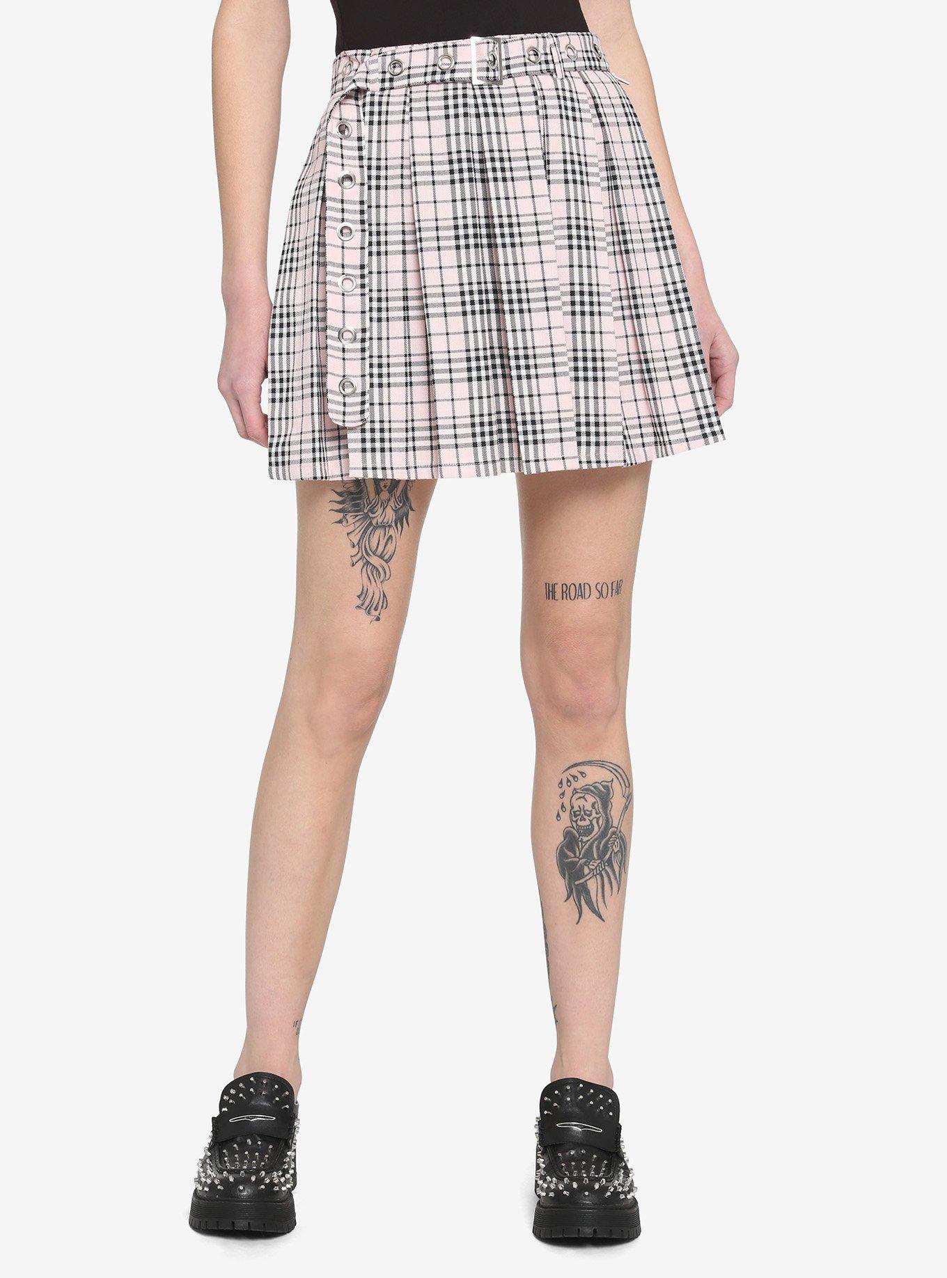 Pink & White Plaid Grommet Belt Skirt, PLAID - PINK, hi-res