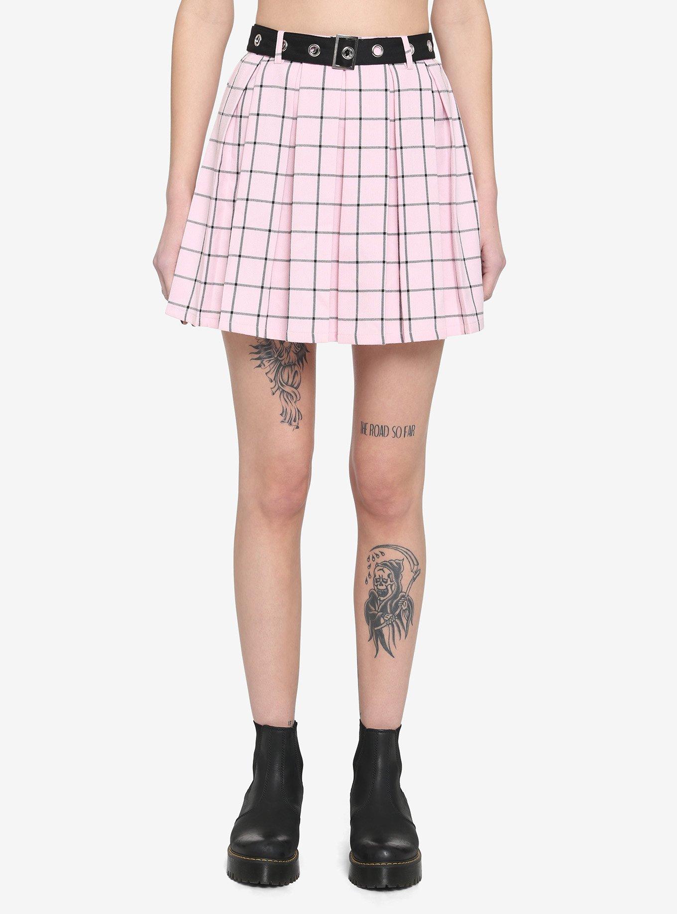 Pink & Black Grid Pleated Skirt With Grommet Belt | Hot Topic