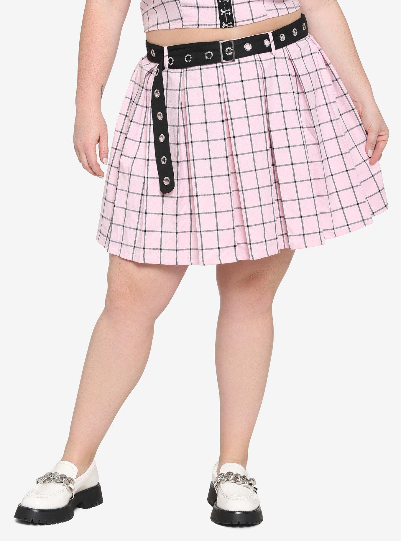 Pink And Black Grid Pleated Skirt With Grommet Belt Plus Size Hot Topic 6664