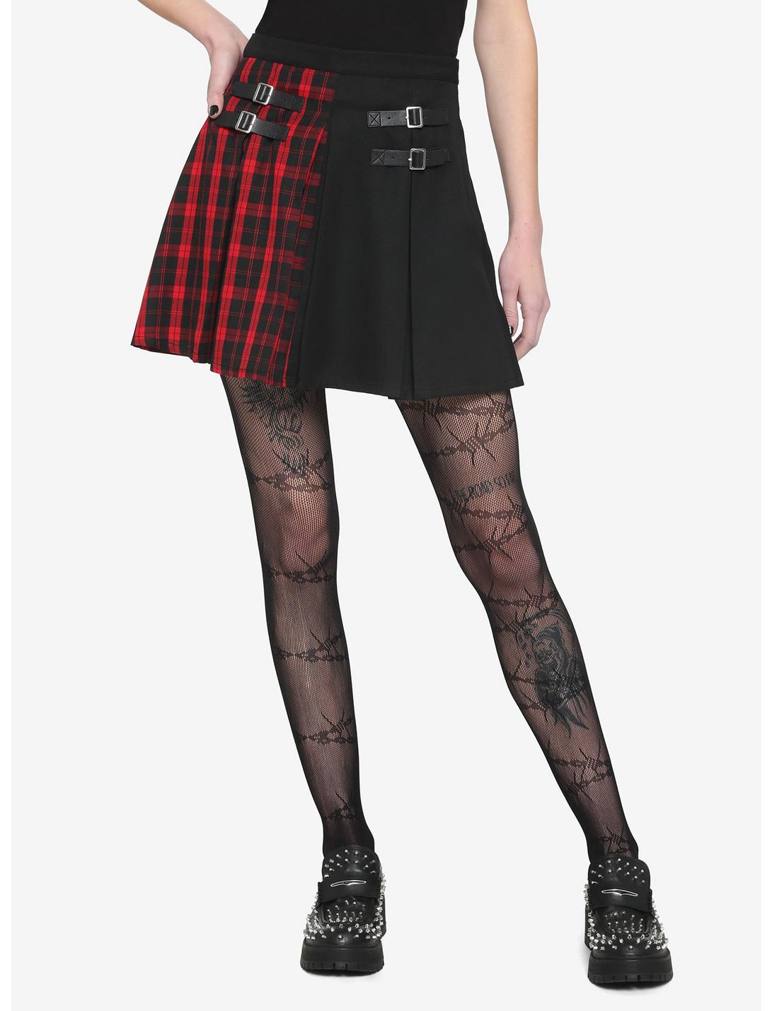 Red Plaid & Black Split Buckle Skirt, SPLIT PLAID, hi-res
