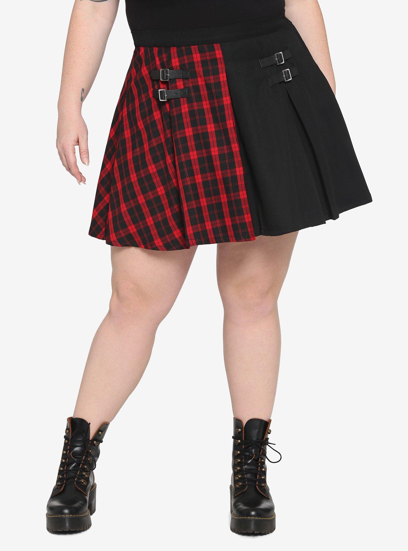 Red Plaid & Black Split Buckle Skirt Plus Size, BLACK, hi-res