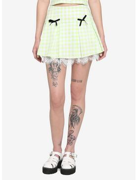 Lime Green Buffalo Plaid Lace Trim Skirt, , hi-res