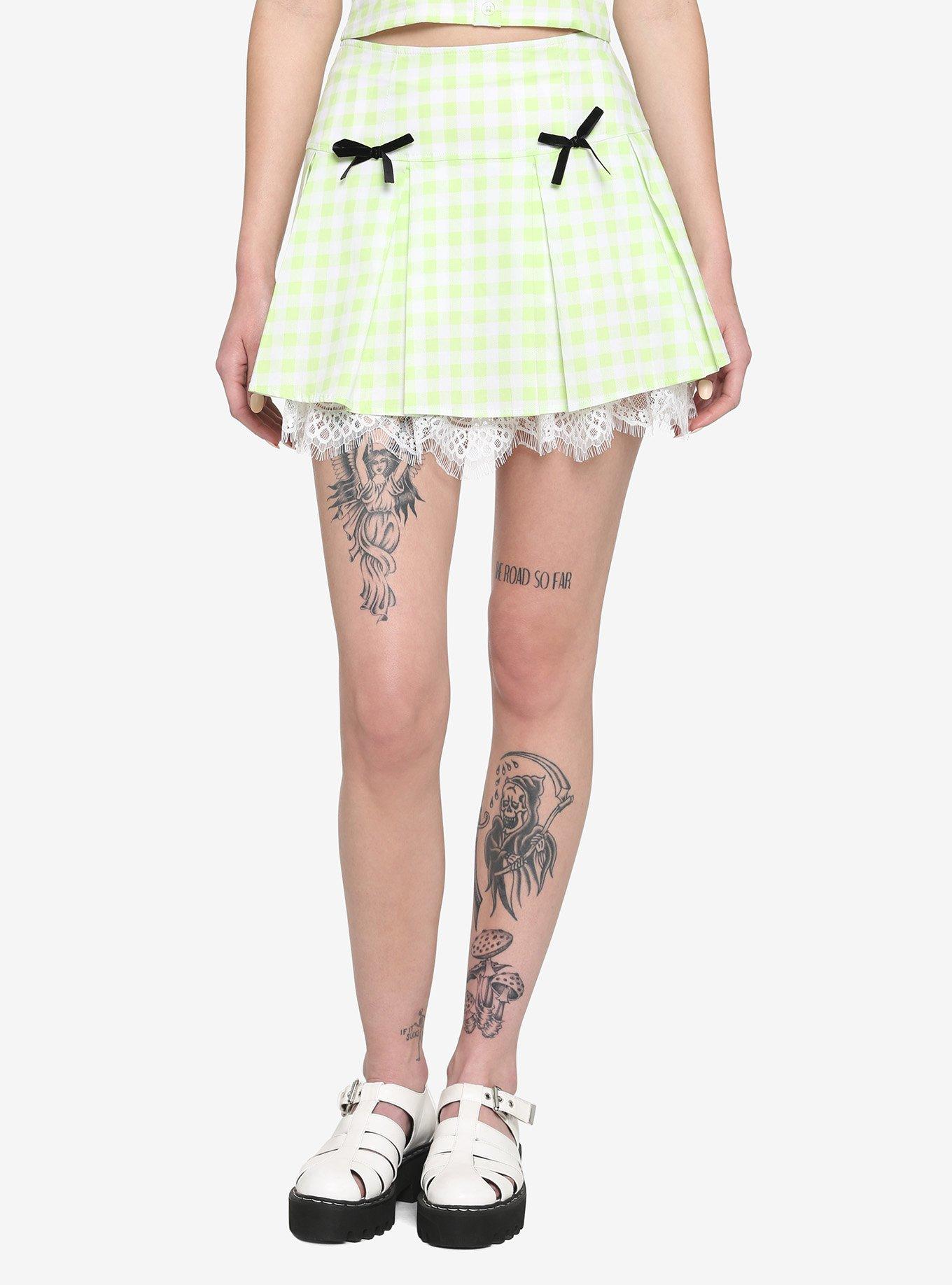 Lime Green Buffalo Plaid Lace Trim Skirt, MULTI, hi-res