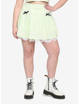 Lime Green Buffalo Plaid Lace Trim Skirt Plus Size, , hi-res