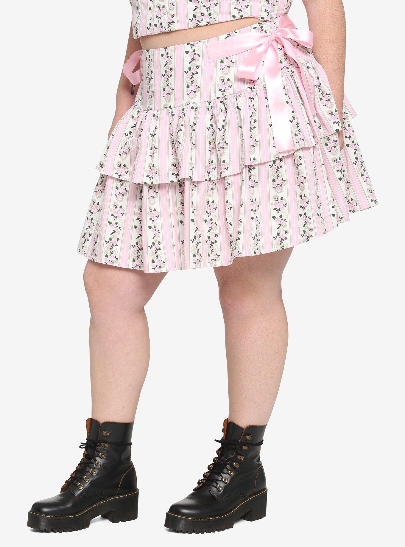 Pink Roses & Gears Ribbon Skirt Plus Size, PINK, hi-res