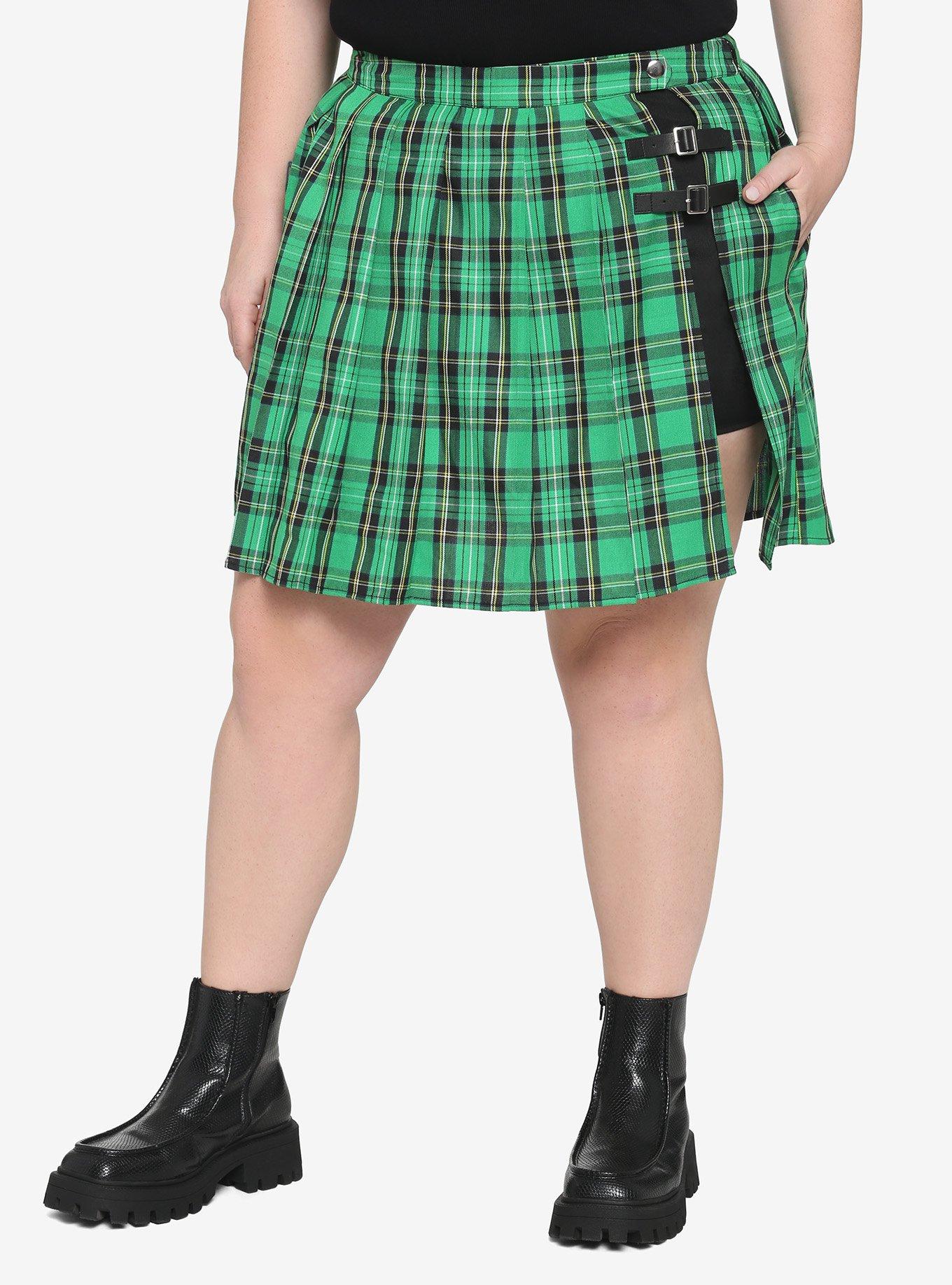 Green Plaid Buckle Pleated Skort Plus Size, , hi-res