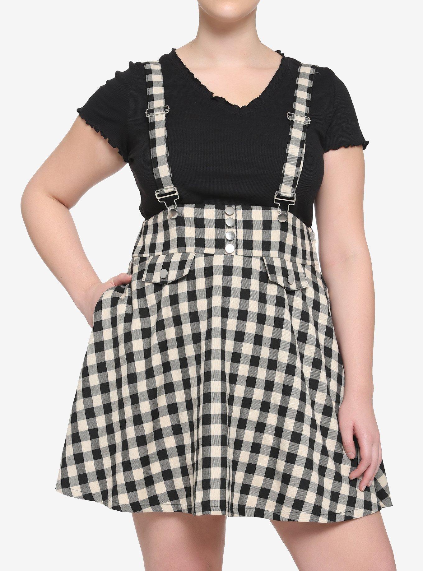 Ivory & Black Plaid Bow Suspender Skirt Plus Size, , hi-res