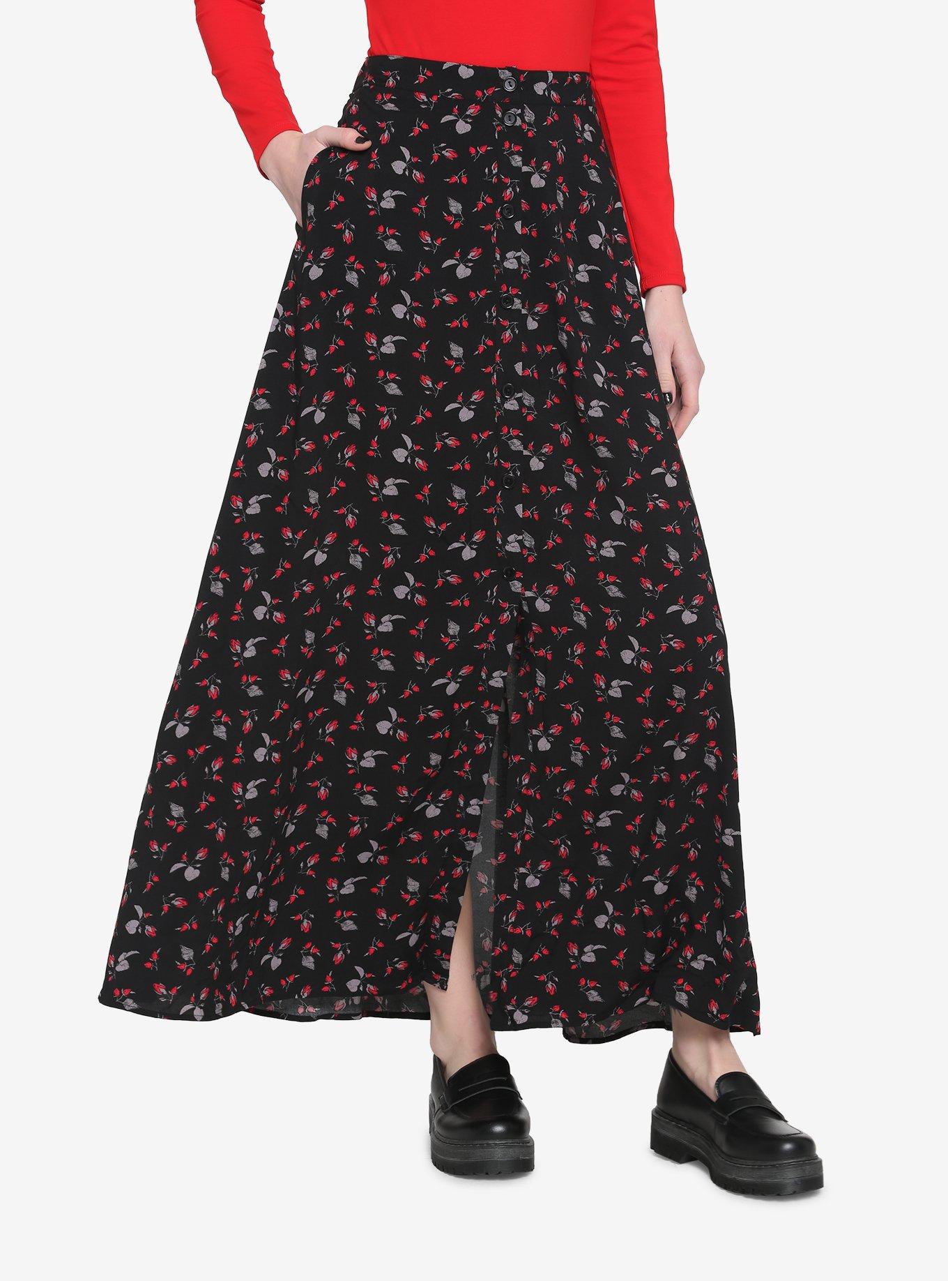 Black Rose Bud Maxi Skirt, BLACK, hi-res