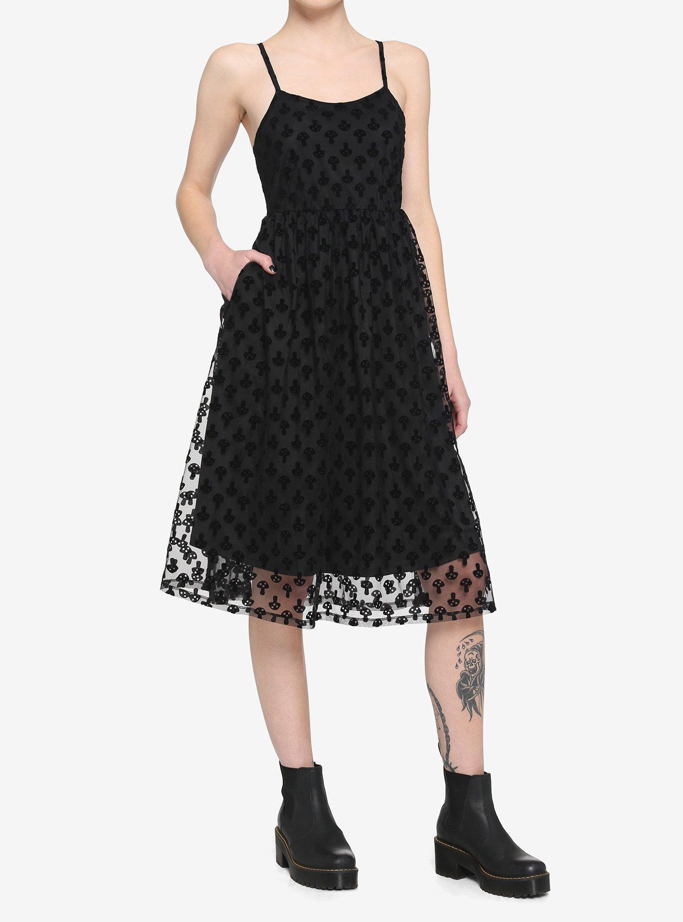 Black Flocked Mushroom Midi Dress, BLACK, hi-res