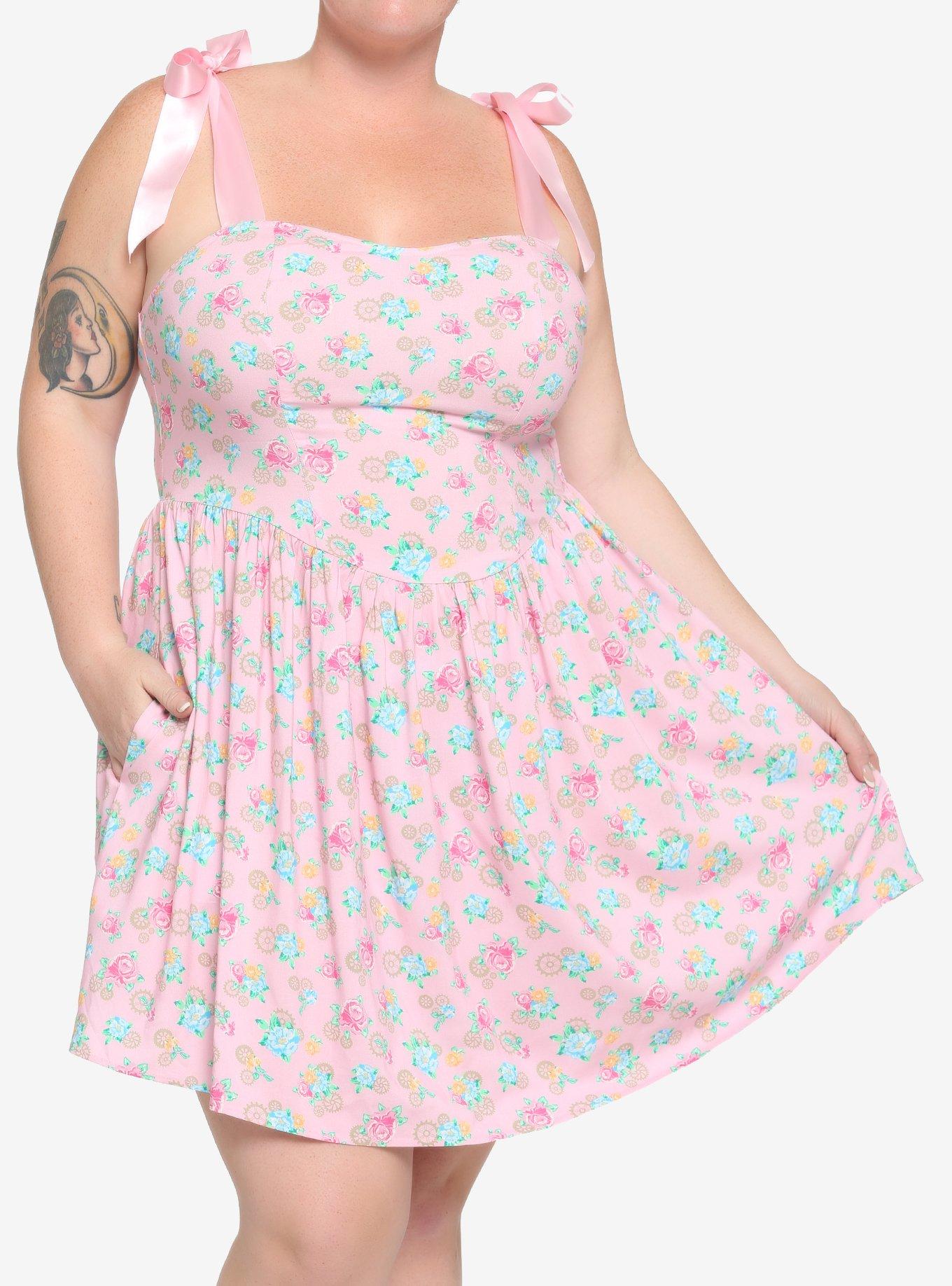 Pink Floral Gears Sweetheart Dress Plus Size, PINK, hi-res