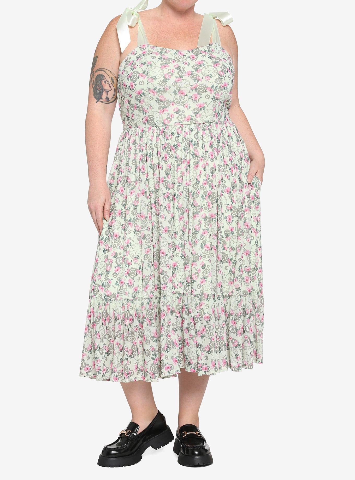 Mint Floral Clocks & Gears Midi Dress Plus Size, MINT, hi-res