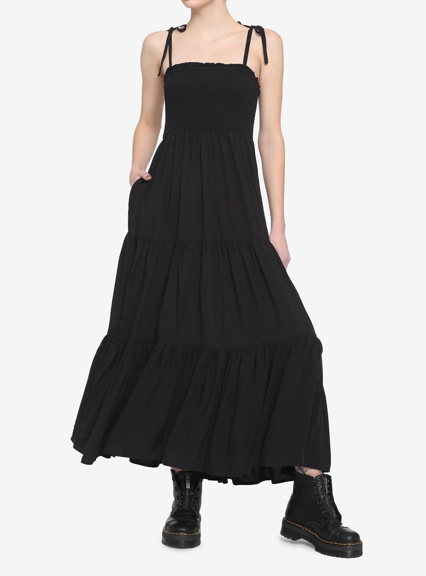 Black Smock Tiered Midi Dress, BLACK, hi-res