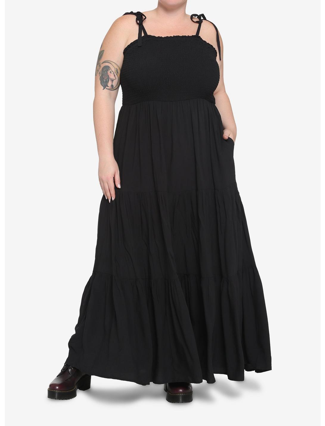 Black Smocked Tiered Midi Dress Plus Size, BLACK, hi-res