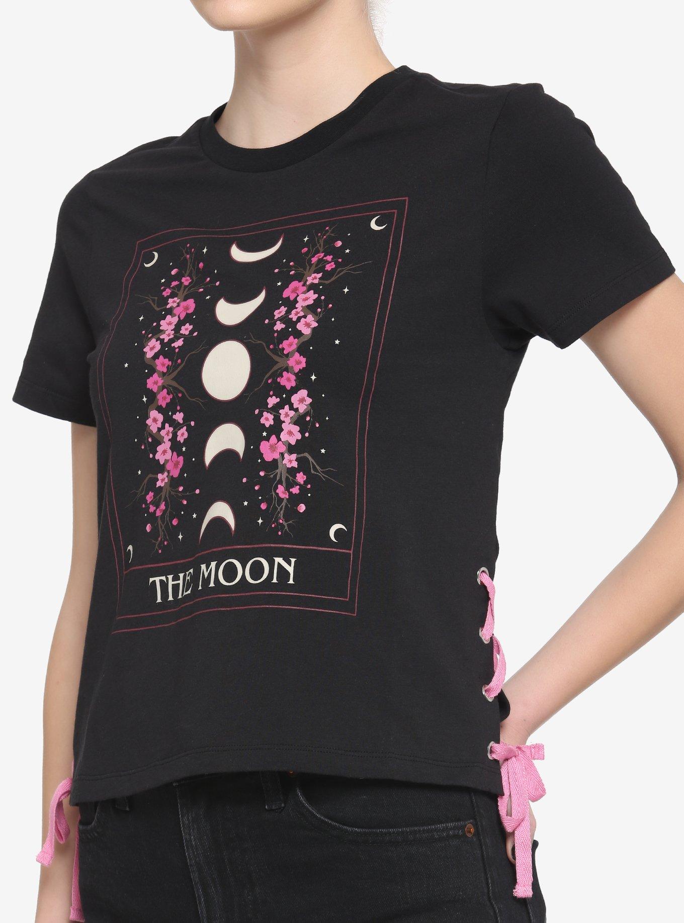 Sakura Moon Tarot Card Lace-Up Girls T-Shirt, BLACK, hi-res