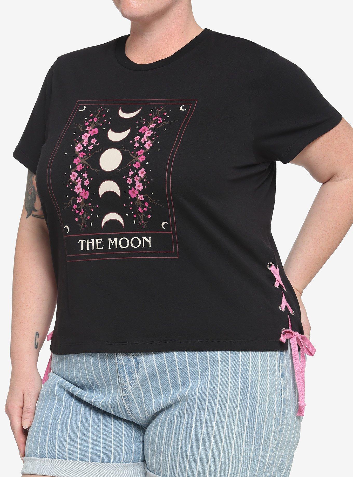 Sakura Moon Tarot Card Lace-Up Girls T-Shirt Plus Size, BLACK, hi-res