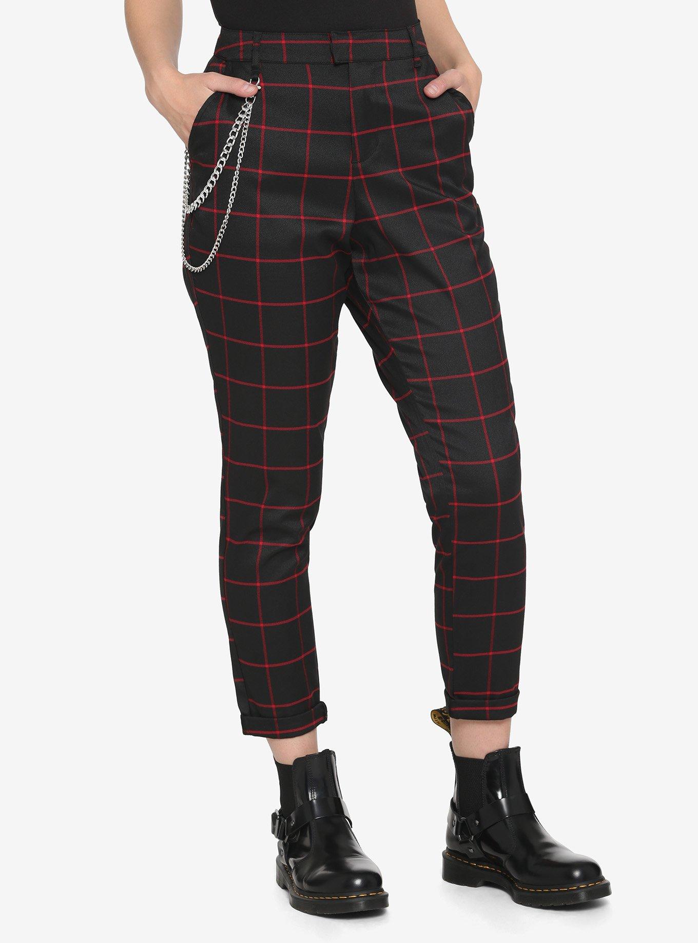 Red & Black Grid Pants With Detachable Chain | Hot Topic
