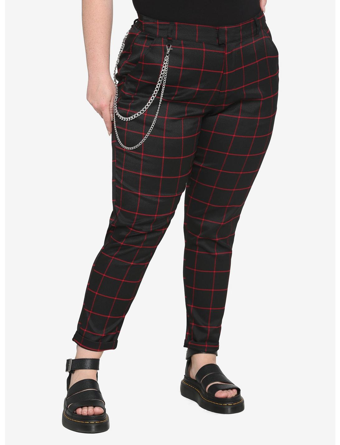 Red & Black Grid Pants With Detachable Chain Plus Size, BLACK  RED, hi-res