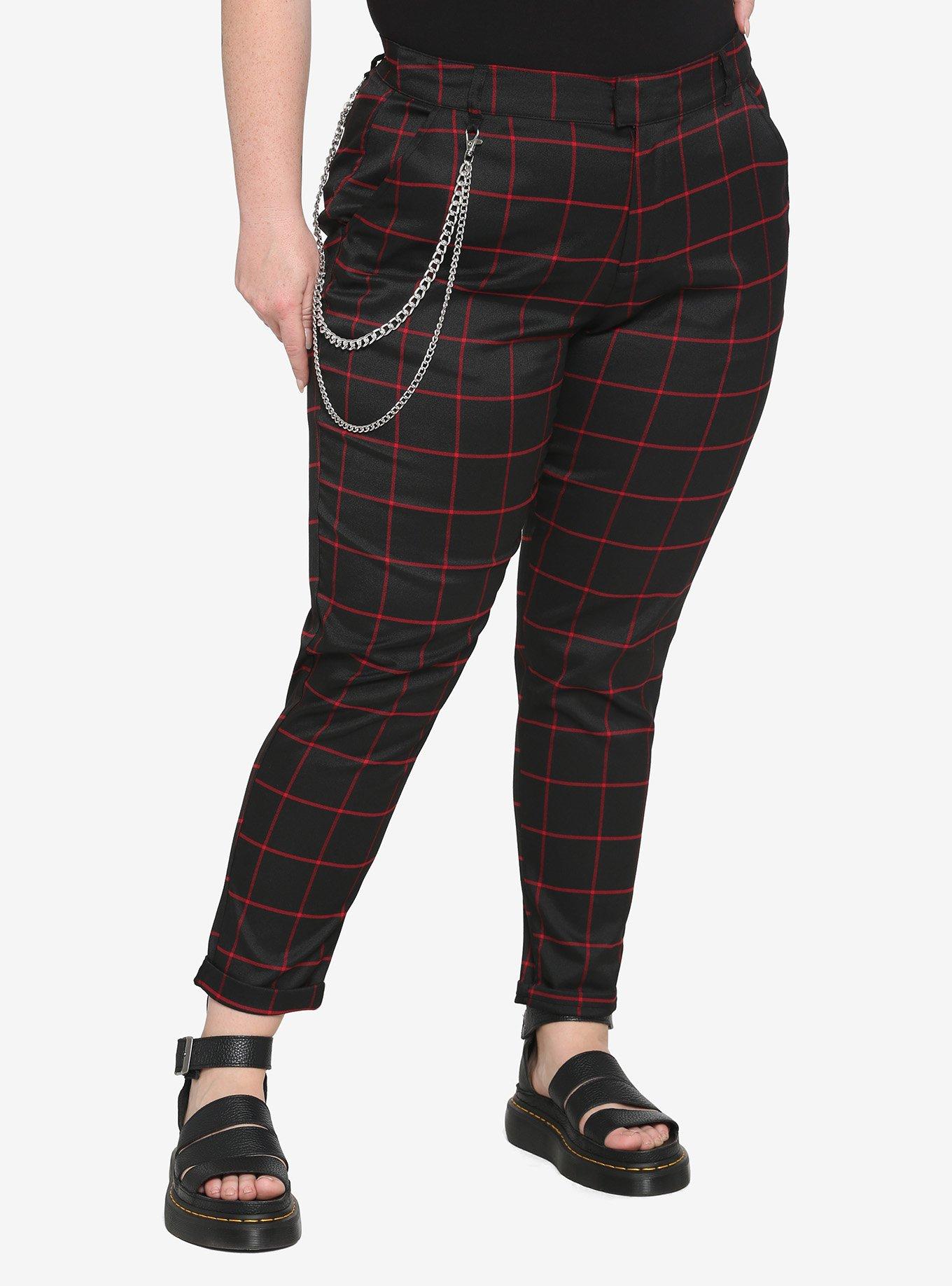 Red & Black Grid Pants With Detachable Chain Plus Size, BLACK  RED, hi-res
