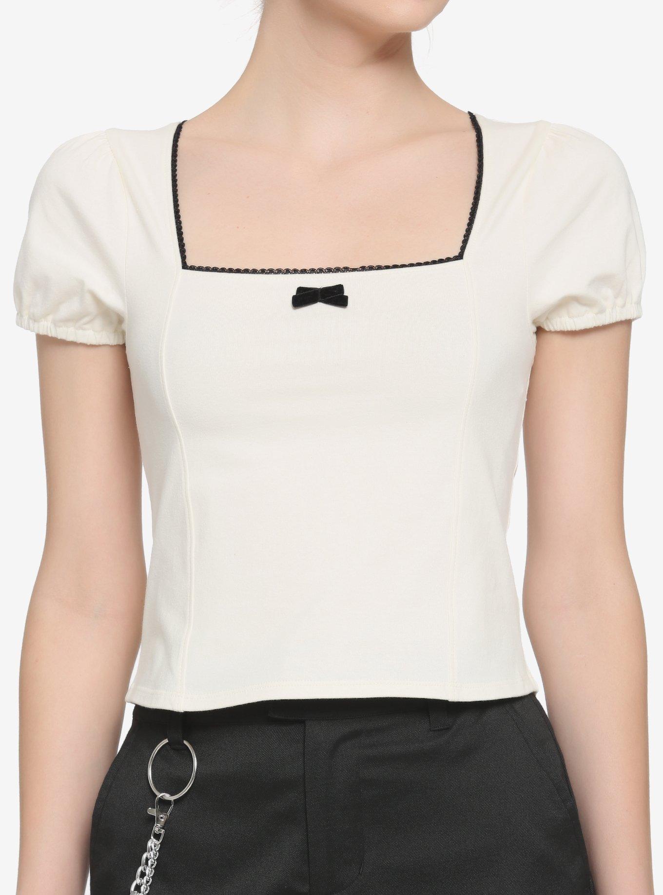 Cream Square Neck Puff Sleeve Girls Top, CREAM, hi-res