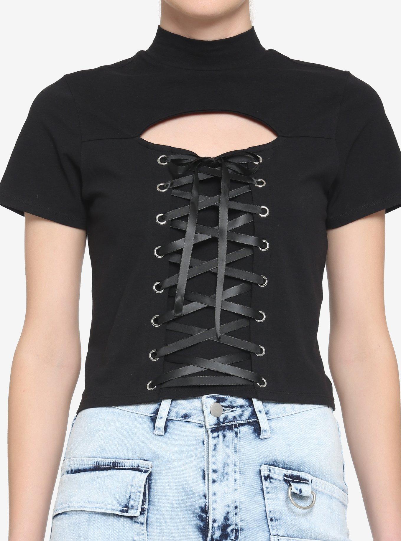 Black Lace-Up Cutout Girls Crop T-Shirt, BLACK, hi-res