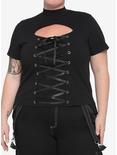 Black Lace-Up Cutout Girls Crop T-Shirt Plus Size, BLACK, hi-res
