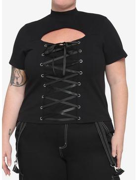 Black Lace-Up Cutout Girls Crop T-Shirt Plus Size, , hi-res