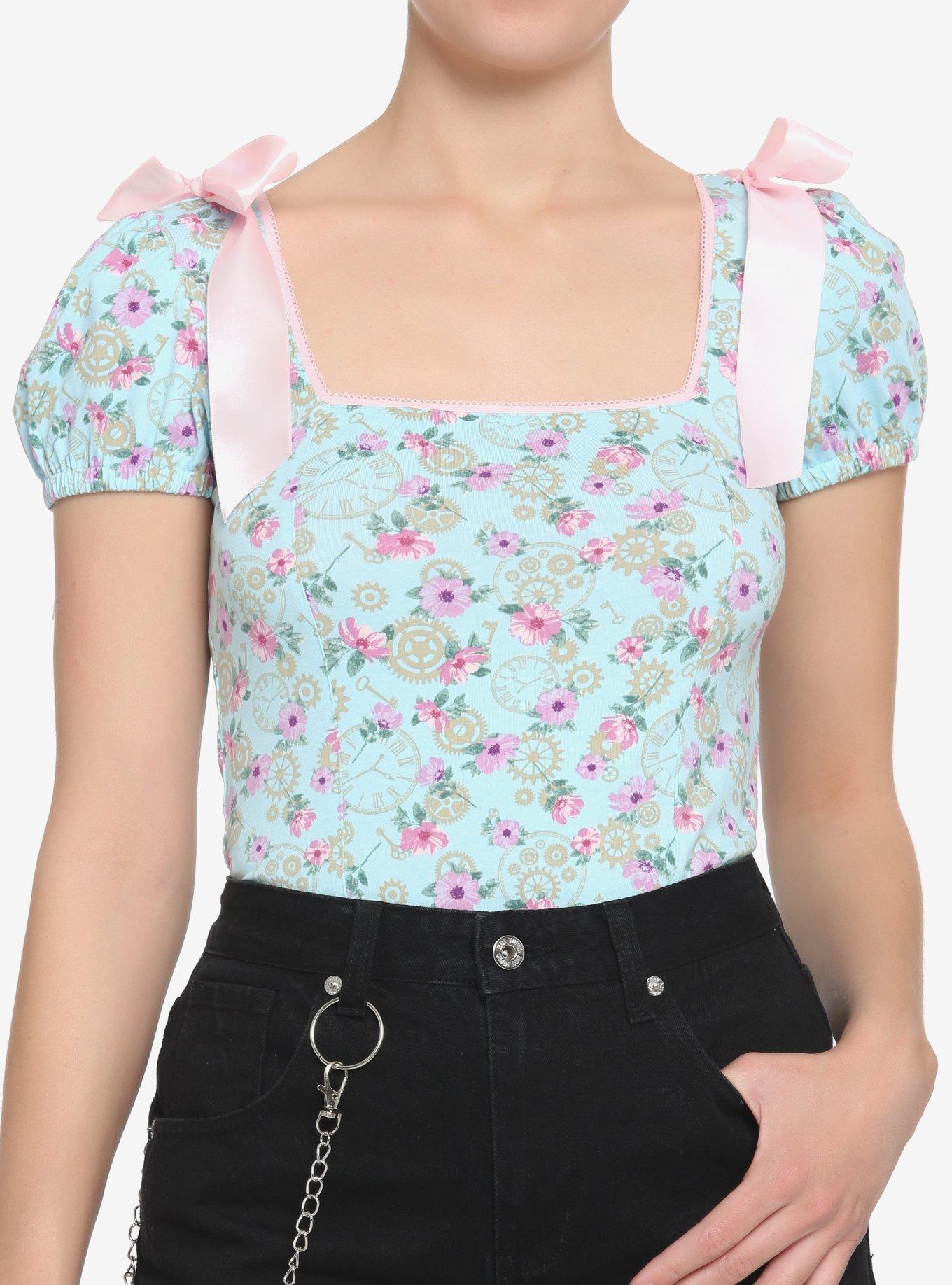 Blue Floral Clocks & Gears Girls Top, BLUE, hi-res