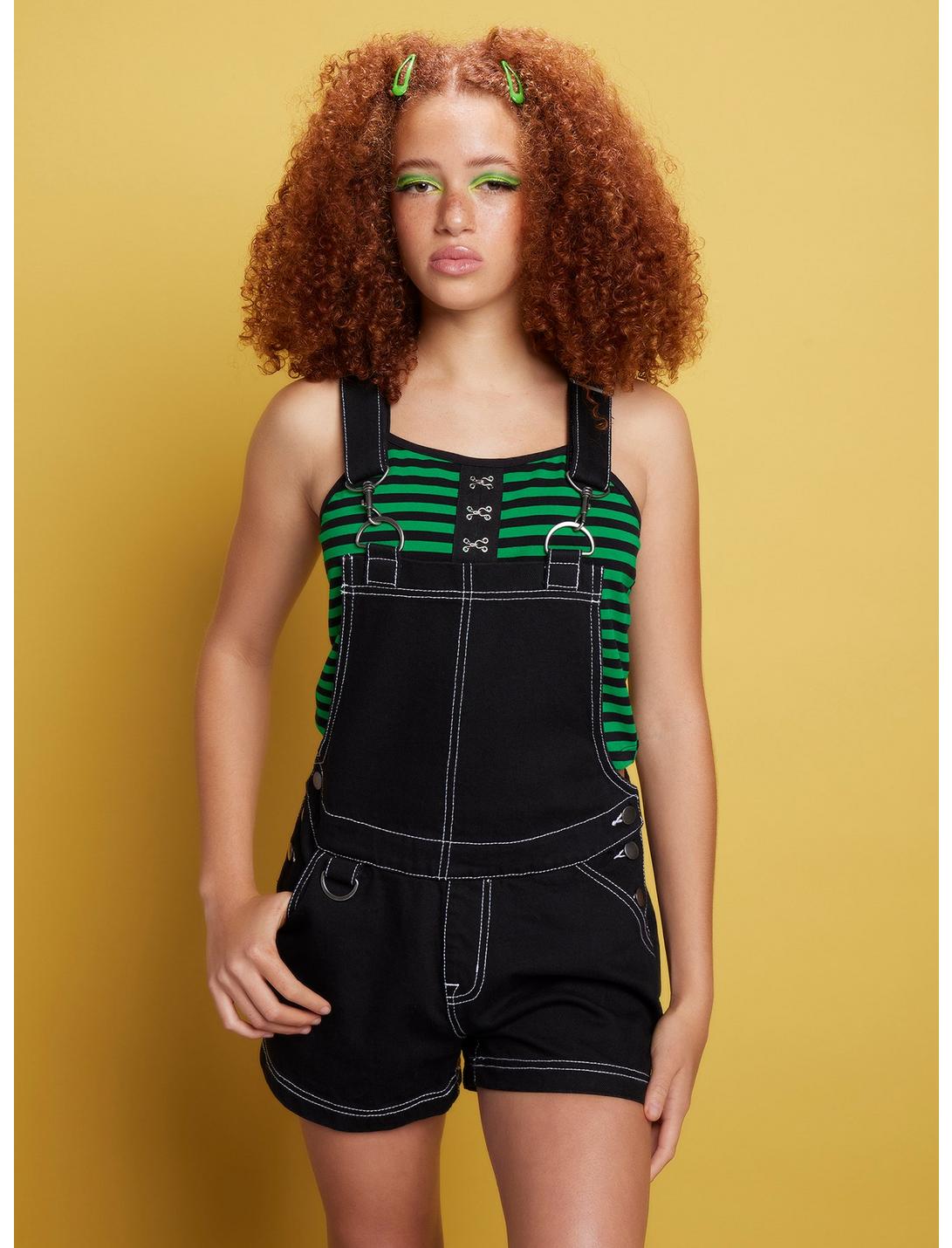 Black & Green Stripe Hook-And-Eye Girls Crop Strappy Tank Top, STRIPES, hi-res