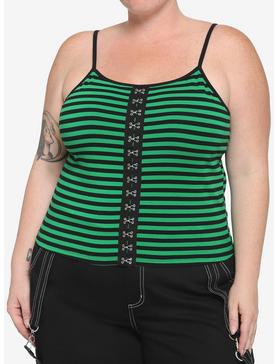 Black & Green Stripe Hook-And-Eye Girls Crop Strappy Tank Top Plus Size, , hi-res