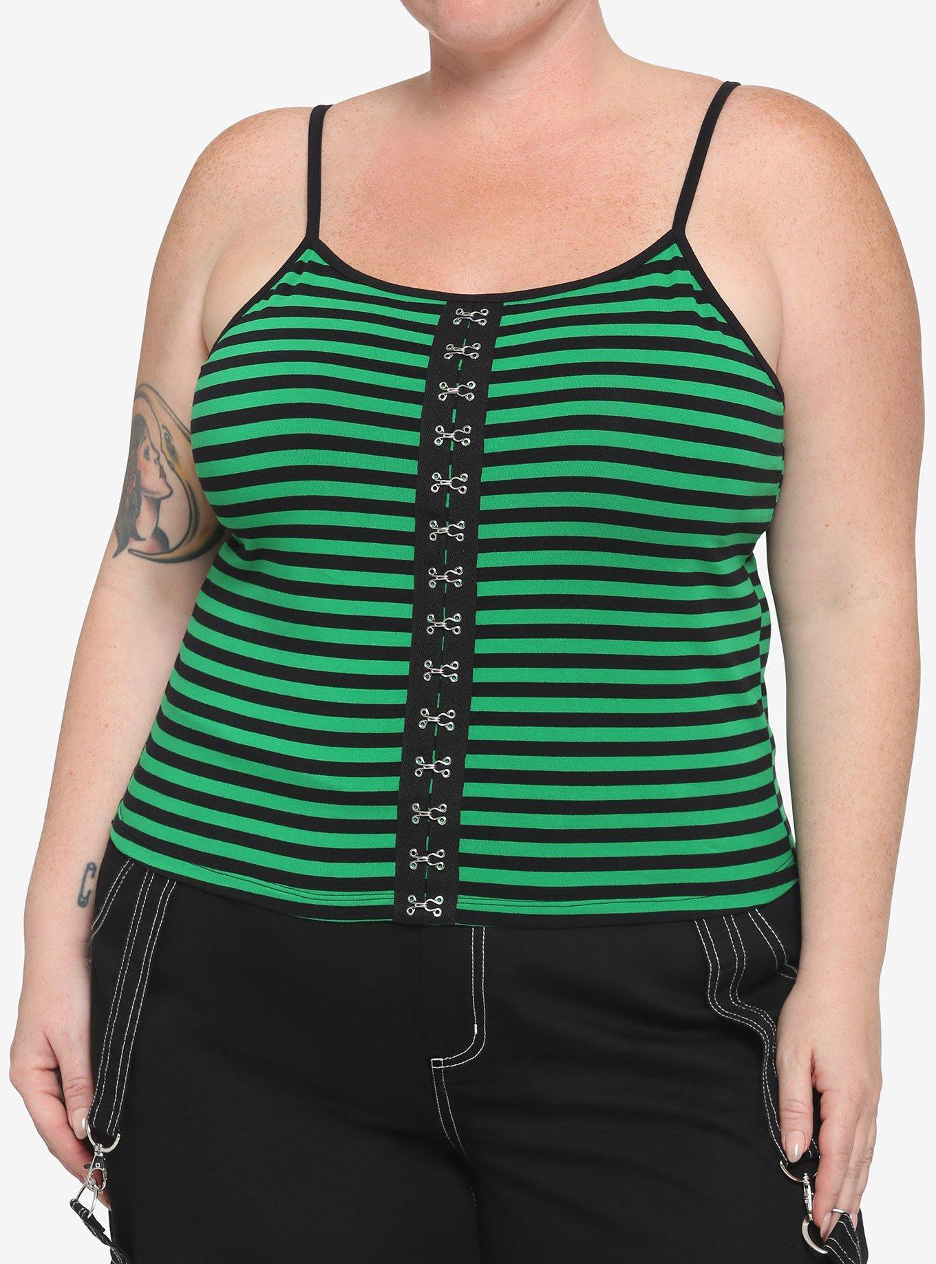Black & Green Stripe Hook-And-Eye Girls Crop Strappy Tank Top Plus Size, STRIPES, hi-res
