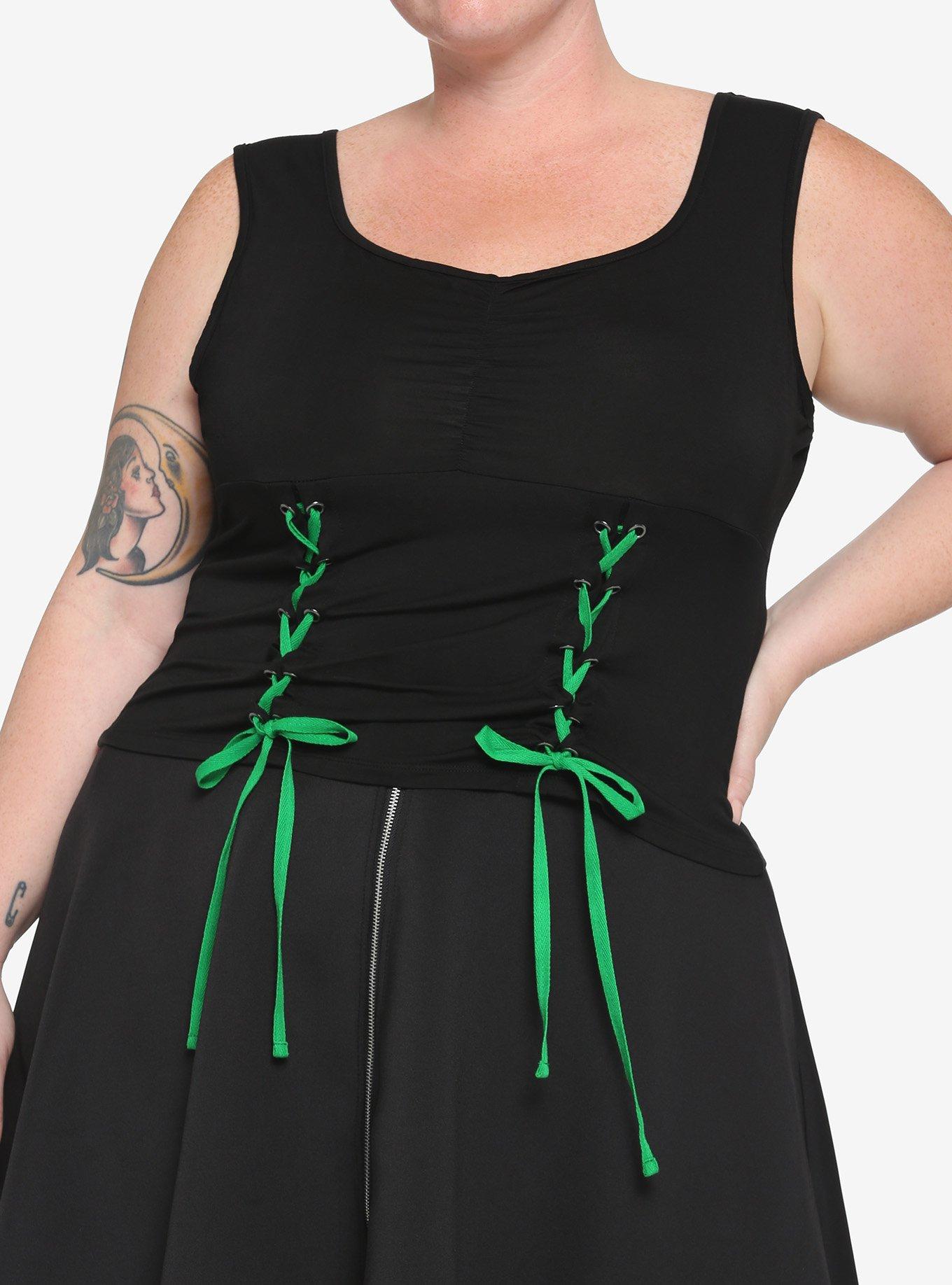 Black & Green Lace-Up Girls Crop Tank Top Plus Size, BLACK, hi-res