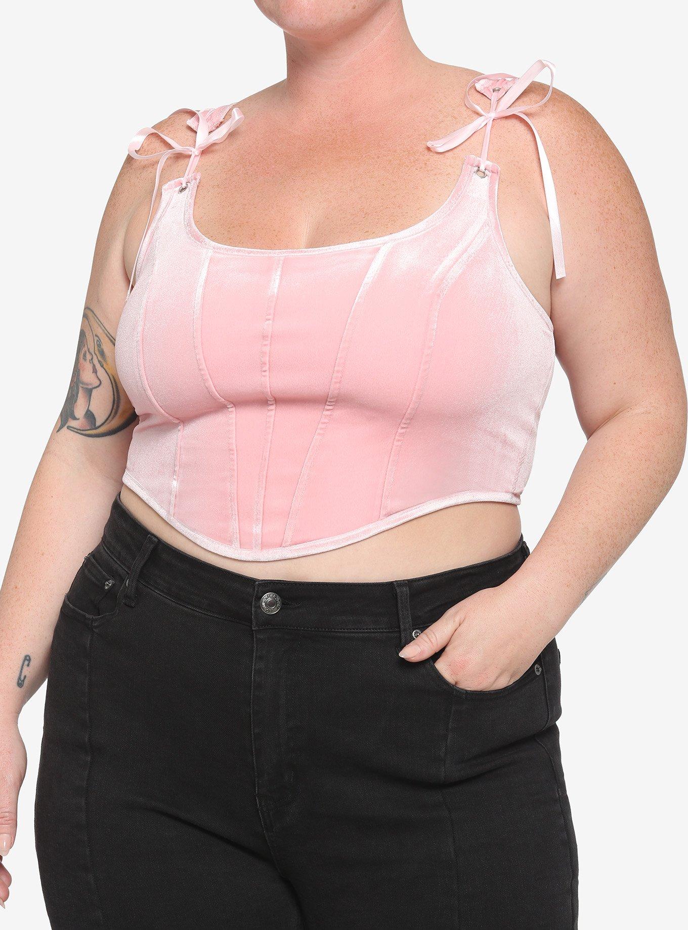 Pink Lace-Up Crop Corset Top Plus Size, PINK, hi-res