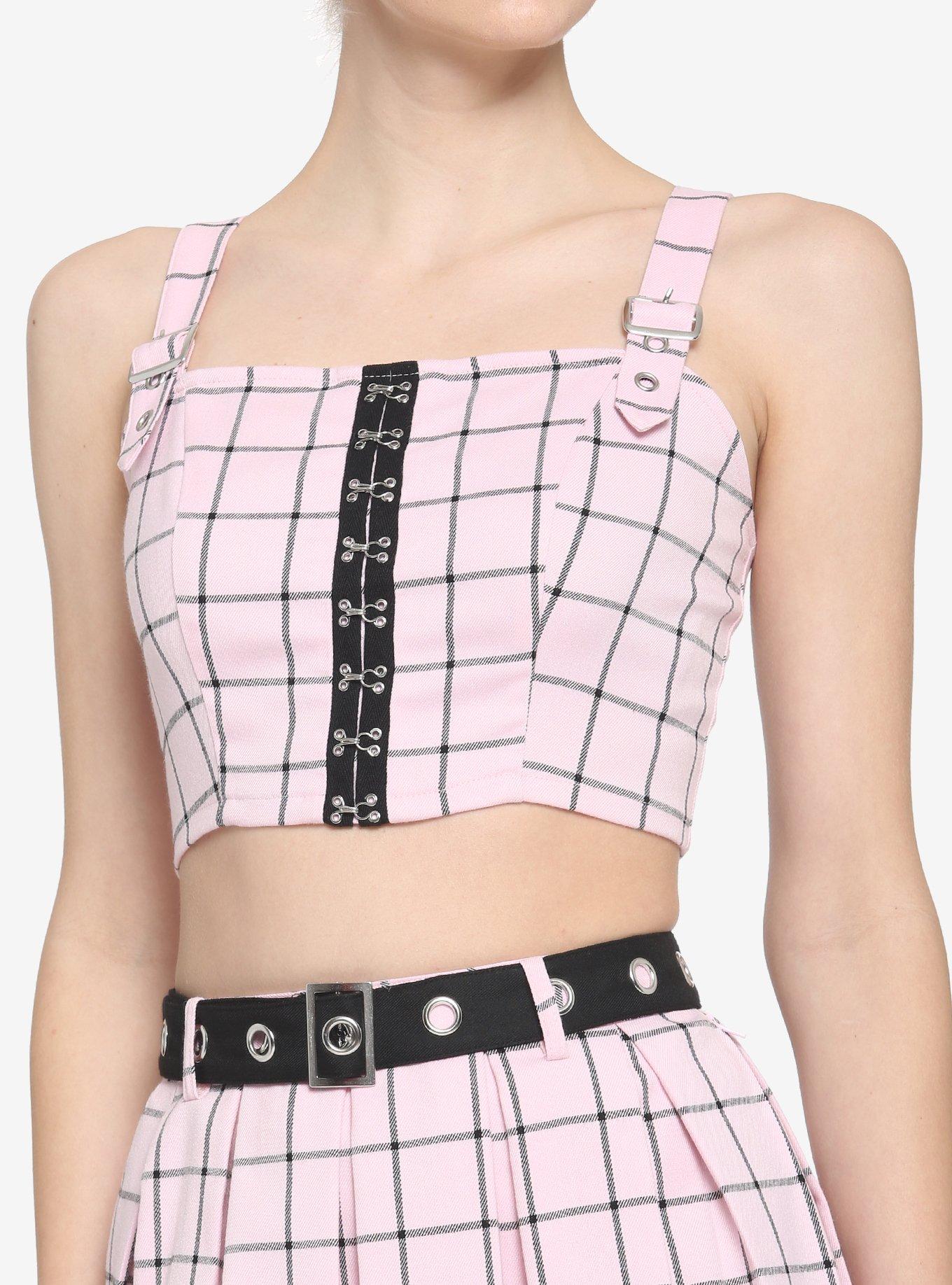 Pink & Black Grid Buckle Girls Tank Top, PLAID - PINK, hi-res