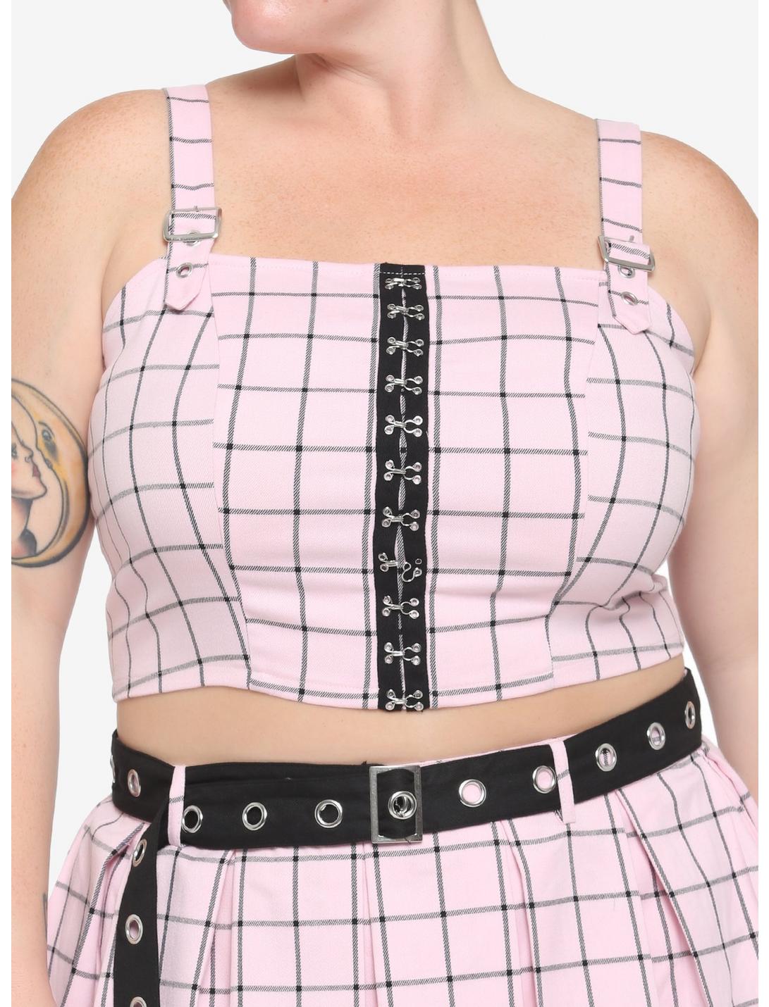 Pink & Black Grid Buckle Girls Tank Top Plus Size, PLAID - PINK, hi-res