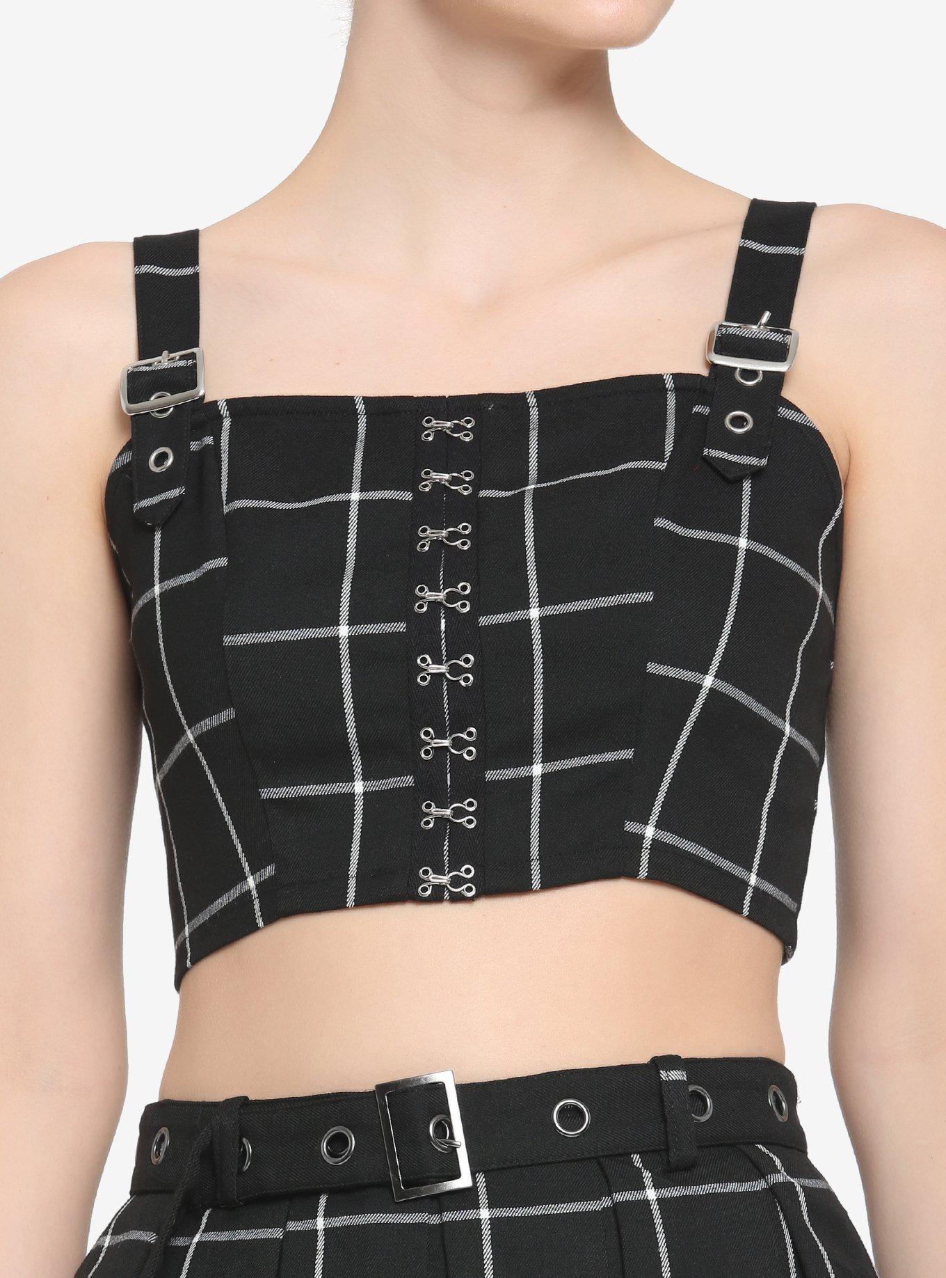 Black & White Grid Girls Crop Tank Top, PLAID - BLACK, hi-res