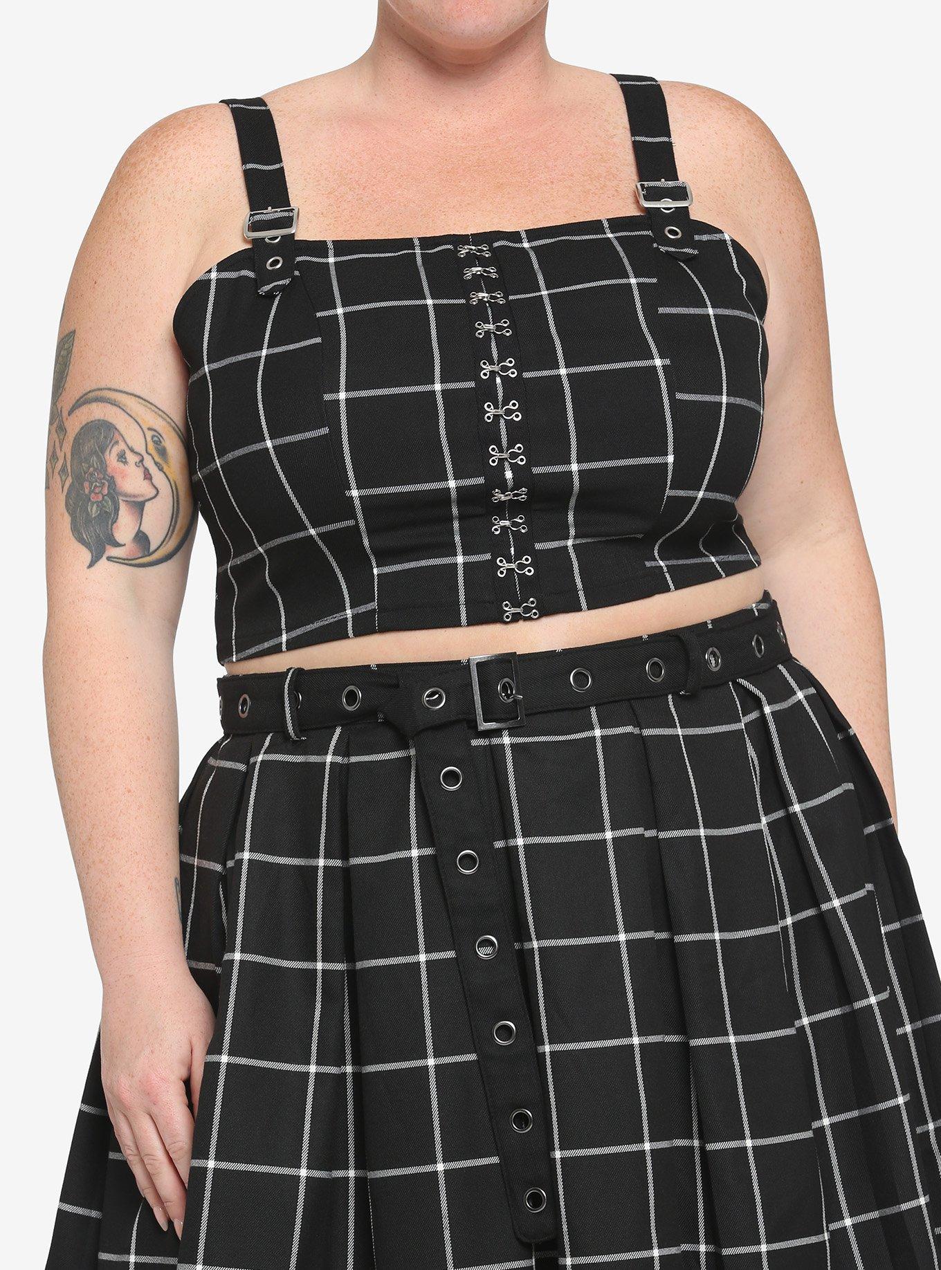 Black & White Grid Girls Crop Tank Top Plus Size, PLAID - BLACK, hi-res
