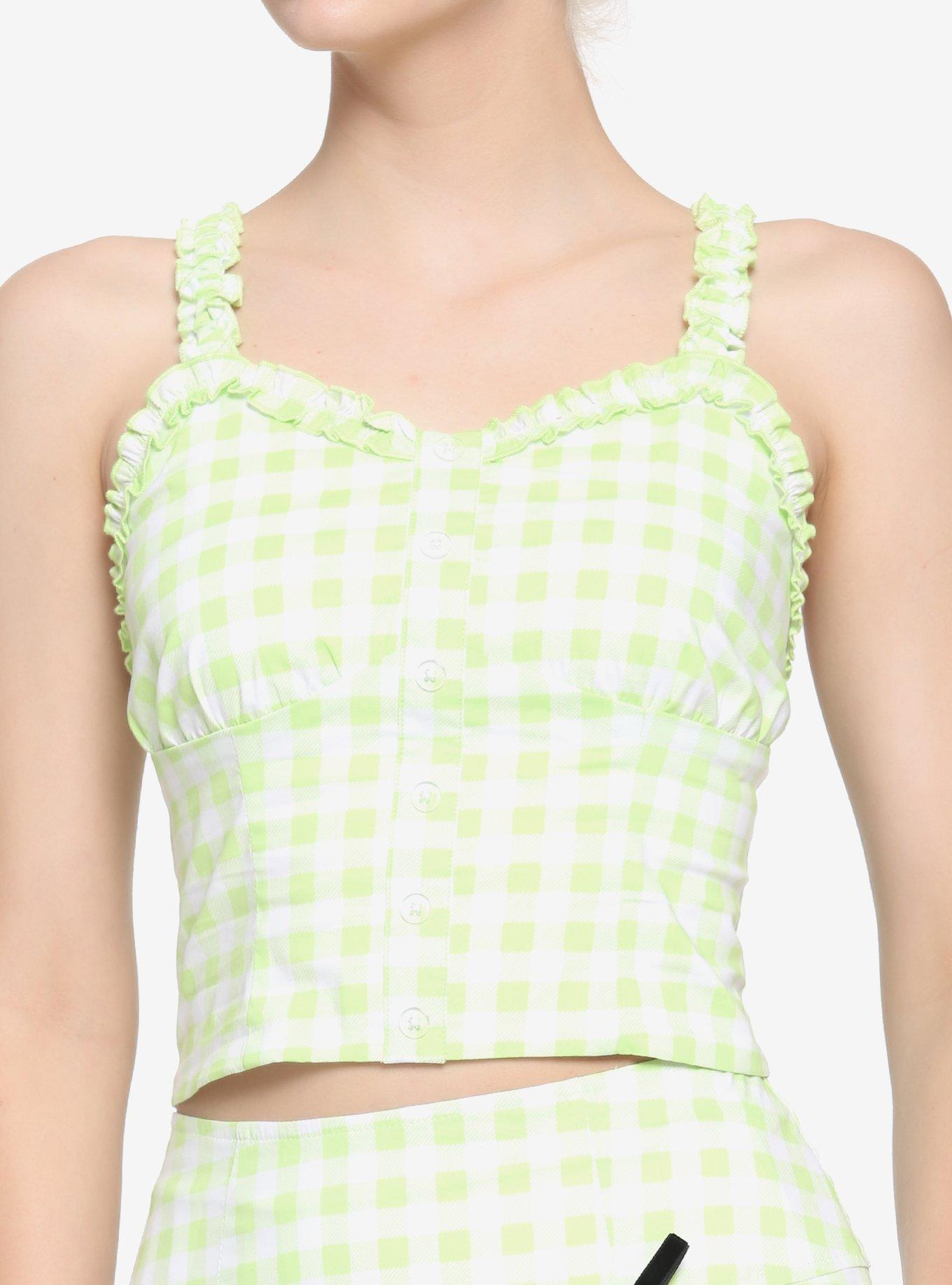 Lime Green Buffalo Plaid Girls Crop Tank Top, GINGHAM PLAID, hi-res