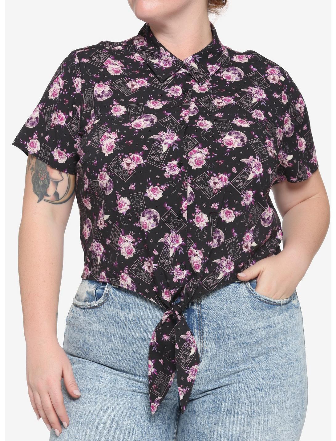 Tarot Night Floral Tie-Front Girls Woven Button-Up Plus Size, MULTI, hi-res
