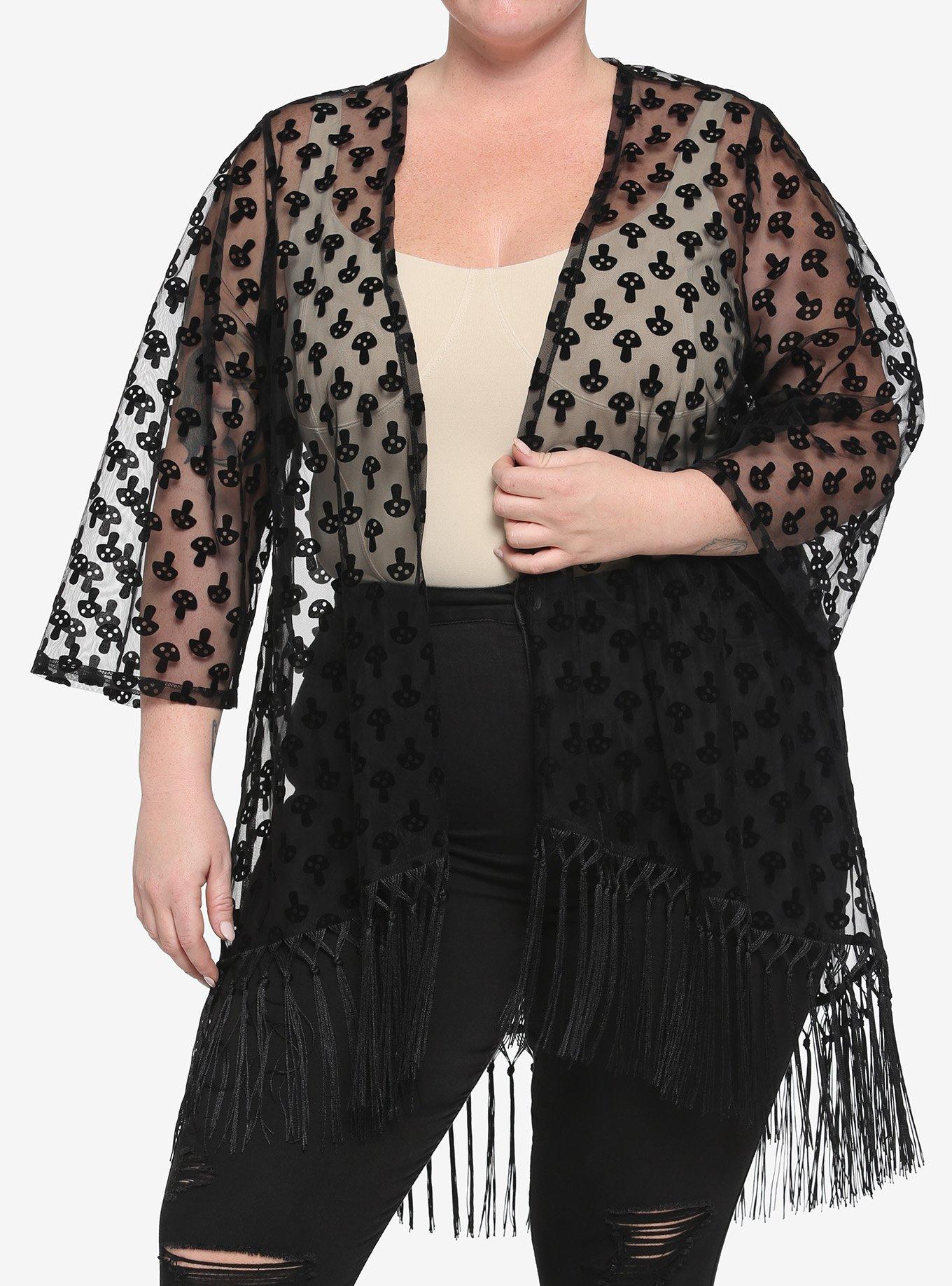 Black Flocked Mushroom Fringe Duster Plus Size, BLACK, hi-res