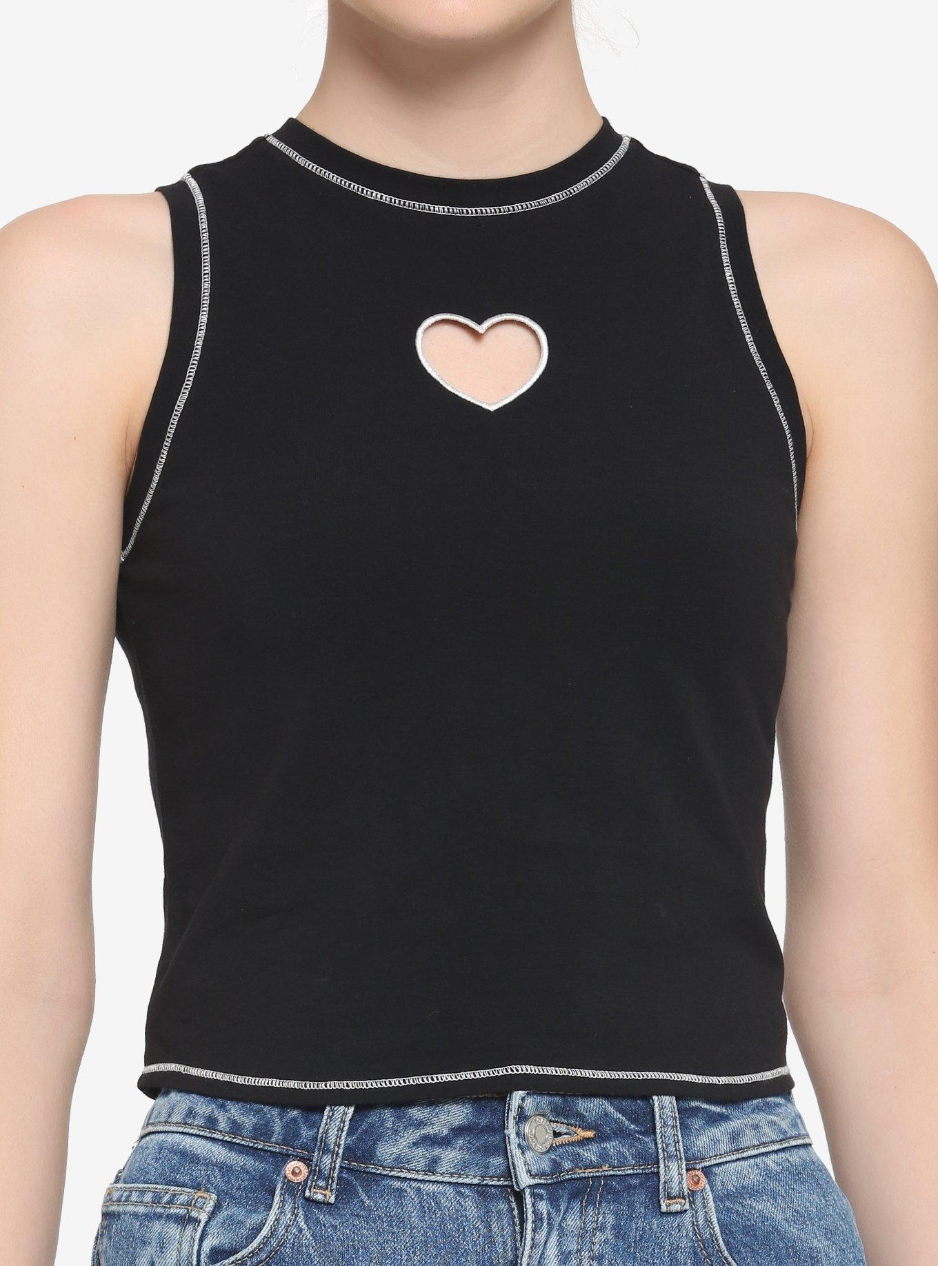 Black Heart Cutout Girls Crop Tank Top, BLACK, hi-res