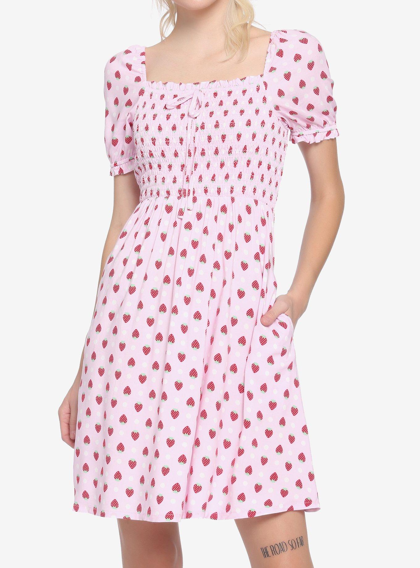 Pink Strawberry Smocked Dress, PINK, hi-res
