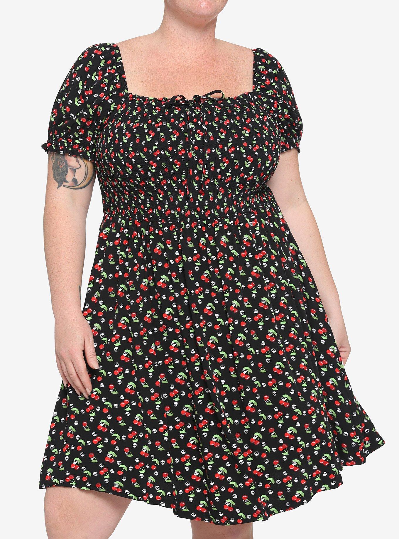 Cherry Skull Smocked Dress Plus Size, RED, hi-res